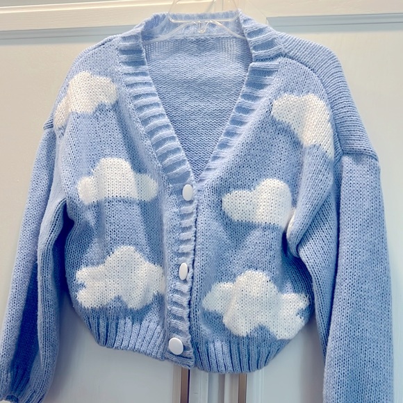 Sweaters - Blue and white cloud cardigan with large buttons. Soft and trendy.